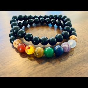 7 Chakra Rainbow Stone Obsidian Crystal Bead Bracelet Set Mens Womens Unisex